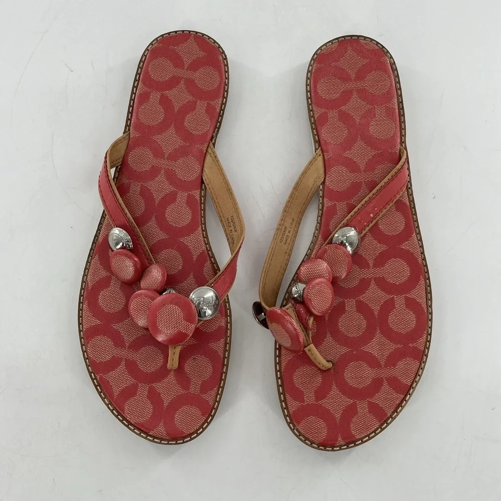 Coach Womens Signature Coated Canvas‎ Flip Flop Thong Patent Button Melon 8.5
